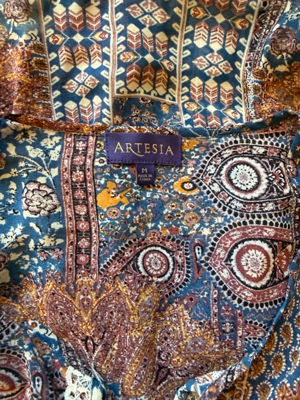 🫶🏻 Artesia Boho Lace-Trim Paisley Peasant Top - Blue & Brown - Picture 4 of 4